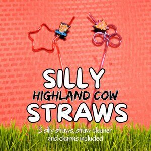 Silly Highland Cow Straw Bundle of 2 - RED & PURPLE